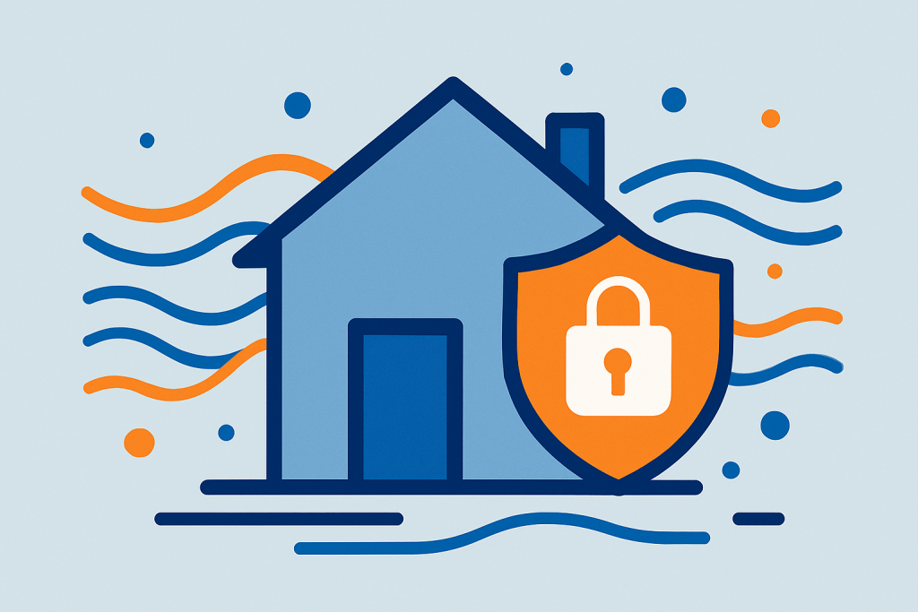 Illustration abstraite d'une maison protégée par un cadenas avec des ondes symbolisant les connexions sans fil